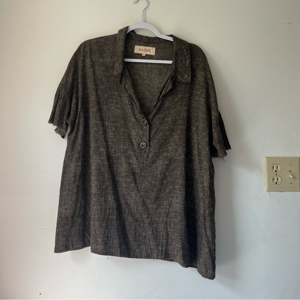Brown and cream cotton shirt with wooden buttons size 48 (size 16)